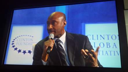 Merck's CEO Frazier stresses a point during the panel discussion