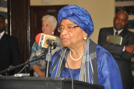 President Sirleaf makes remarks during a joint press stakeout with U.S. Ambassador to the U.N. Samantha Power in the foyer of the Foreign Ministry on Tuesday, October 28, 2014 (1)
