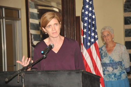 U.S. Ambassador to the U.N. Samantha Power addresses the joint press stakeout at the Foreign Ministry on Tuesday, October 28, 2014