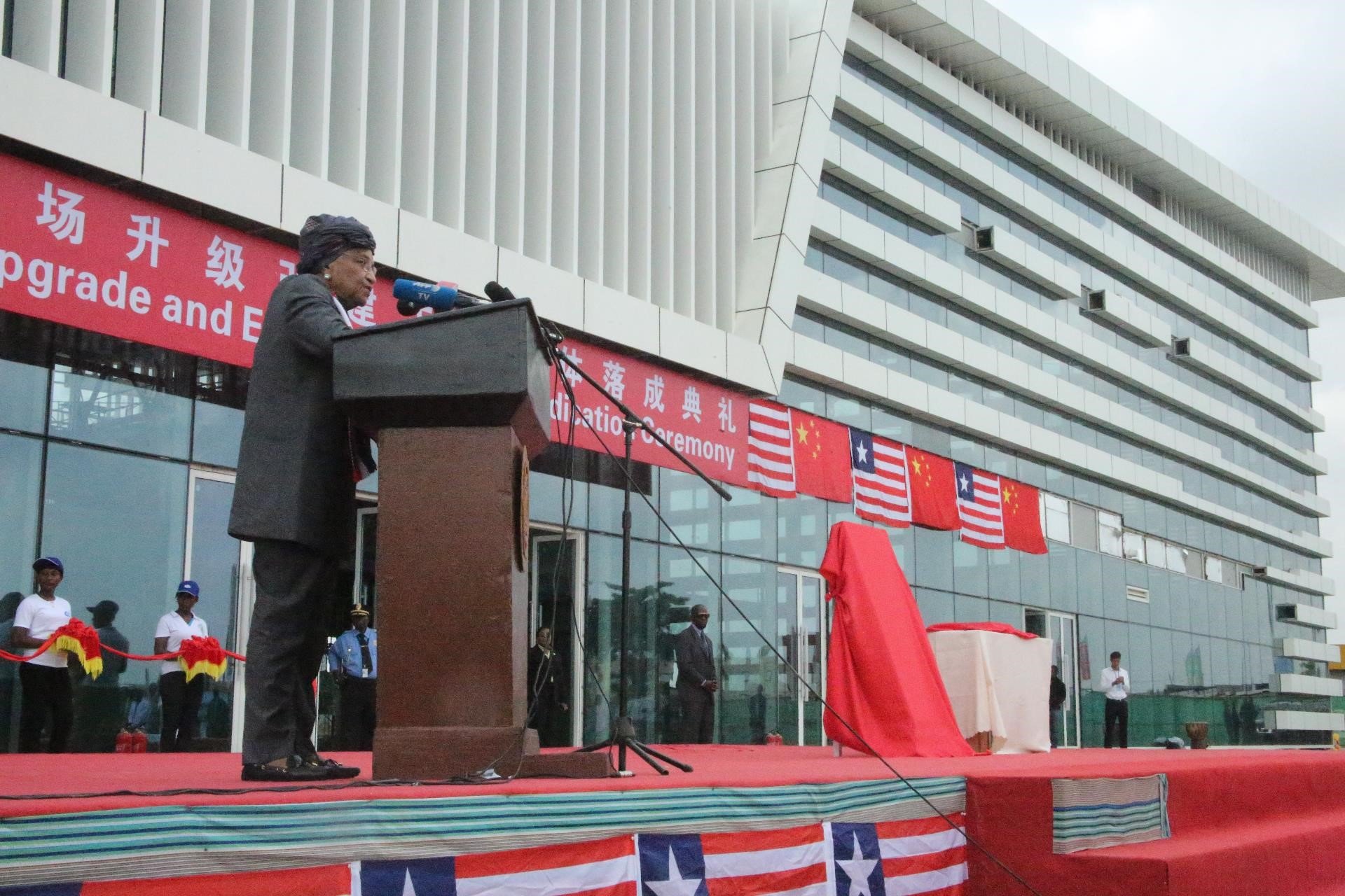 President Sirleaf speaking during pre-dedication ceremony of the new and modern terminal at RIA