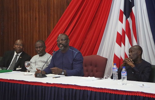 President Weah Speaks to the Media as Legal Adviser to the President Minister of State and Information Minister and others look on