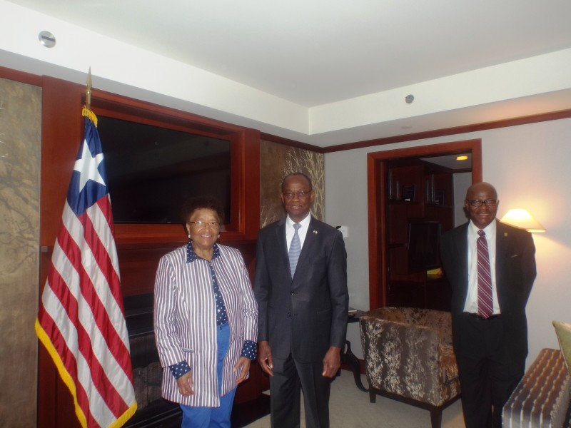 President Sirleaf with Ivorian Ambassador, Daouda Diabate, and Liberian Embassy Charge' d'Affaires, Jeff G Dowana